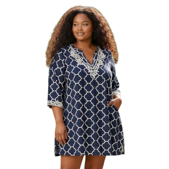 Lands' End Dresses & Skirts - LANDS END PLUS 2X Blue White Quatrefoil Lattice Print Embroidered Dress R $119